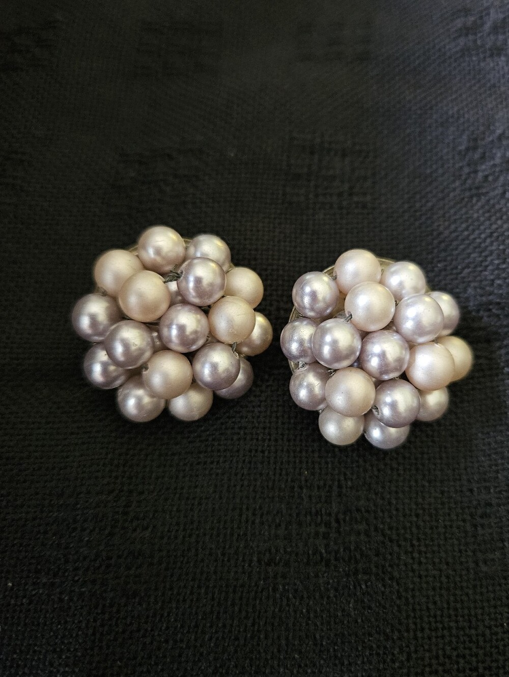 Vintage Cluster Pearl And Gray Button Earrings Marked Japan On Clasp